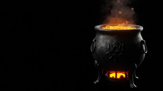 Stylized black cauldron bubbling with yellow liquid on a dark background