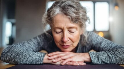 Calm and Peaceful Middle-Aged Woman in Meditation Pose with Hands Clasped on Table, Soft Natural Light Enhancing Serene Atmosphere