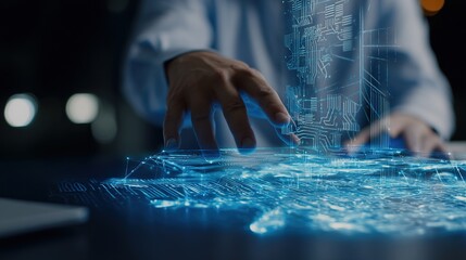 Tech professional analyzing data with holographic interface, symbolizing innovation in digital workspaces