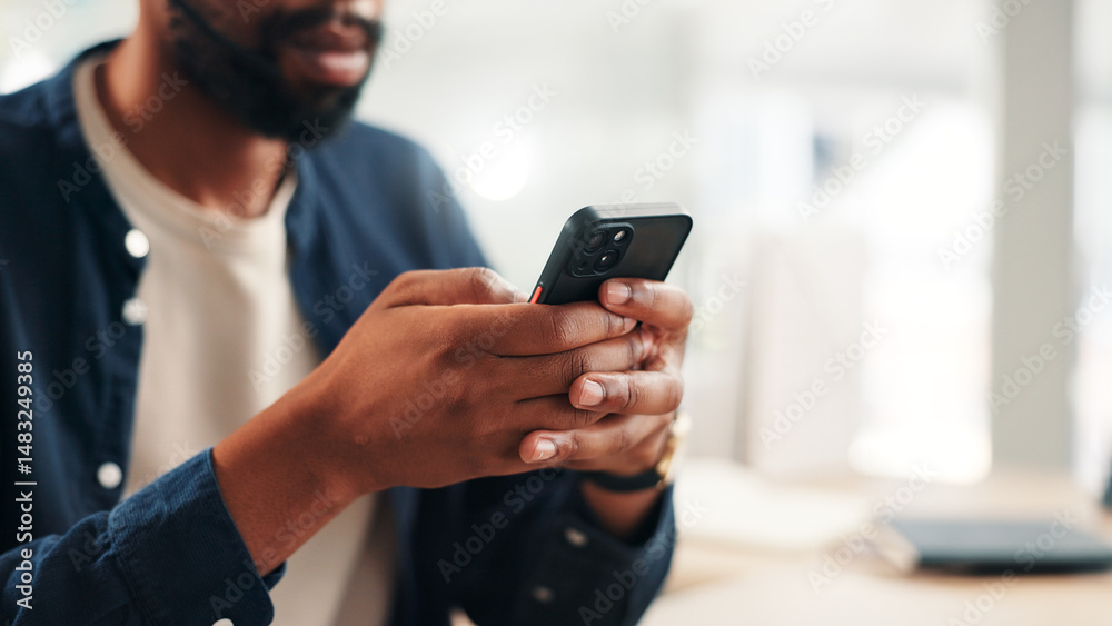Aufkleber businessman, hands and phone in office for contact, calendar update and scroll on networking platfor