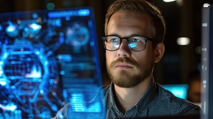 Tech professional analyzing data with holographic interface, symbolizing innovation in digital workspaces
