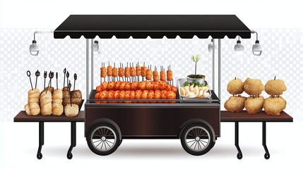 Street food cart filled with assorted grilled and fried dishes.