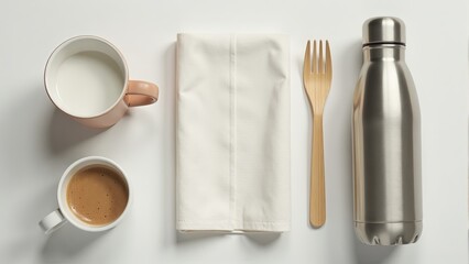 Coffee, Milk, And Water With Utensils