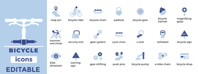 Editable bicycle vector icons for transport, fitness, and eco lifestyle themes with a clean, modern, and minimal design


