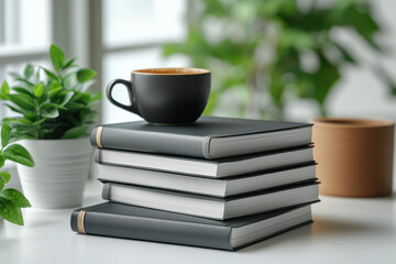 Stack of books and a cup of coffee on a white table.