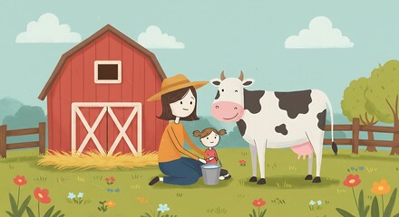 Fototapeta premium Charming illustration depicting a tranquil farm scene with a cow and family