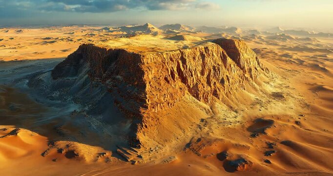 Aerial view of a desert mesa at sunset. The camera pans across the landscape, showcasing the vastness and beauty of the desert.