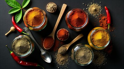 Assortment Of Spices, Herbs On Black Background