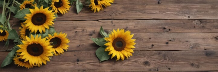 Fototapeta premium Sunflowers scattered across weathered wood plank , floral still life, plantlife, yellow