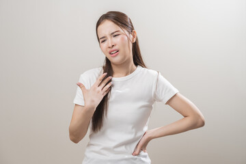 Hot weather and health care concept asian young woman suffering from heat, feeling discomfort with...
