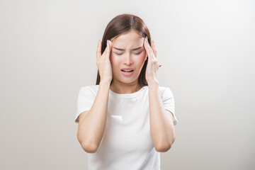 Dizzy asian young woman, girl headache or migraine pain suffering from vertigo or sick, holding...