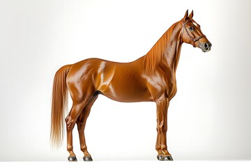Obraz premium A shiny brown horse standing in profile on a white background with a bridle and long flowing mane