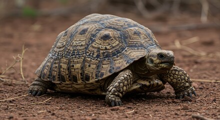 Fototapeta premium Walking Tortoise on Brown Ground in Natural Habitat