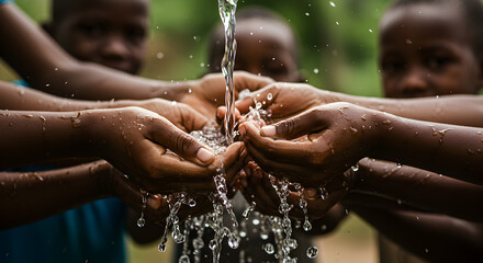 Fototapeta premium Close-up of Children Catching Fresh Water in Cupped Hands with Natural Green Background Emphasizing Community Support and Access to Clean Water