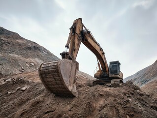 Heavy construction equipment positioned on a large earth mound.