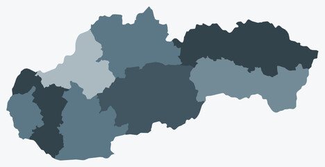 Map of Slovakia with regions. Just a simple country border map with region division. Blue grey color palette. Plain Slovakia shape with administrative division. Vector illustration.