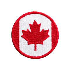 Obraz premium Circular embroidered patch features red maple leaf on transparency background, symbolizing Canada. patch is bordered in red, highlighting national emblem