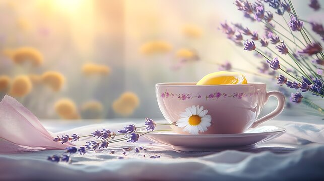 Cup of Tea with Lemon and Lavender Flowers - Powered by Adobe