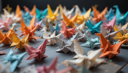 Fototapeta premium Colorful Origami Cranes: A captivating collection of vibrant origami cranes in diverse colors and patterns, artfully arranged on a dark surface.