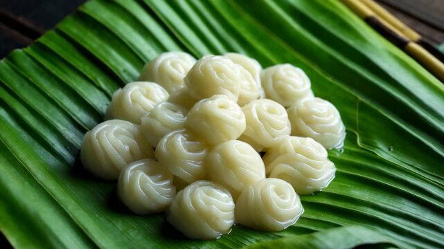 For iftar, putu mayang is a sweet dessert made from rice flour and coconut milk, traditionally served on banana leaf.