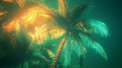 Neon palm trees in a mystical, glowing forest