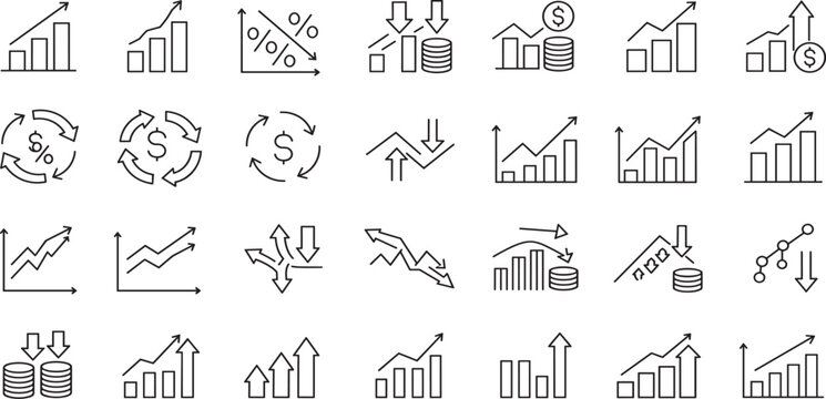 Increase and Decrease line Editable Icons set. Vector illustration in modern thin line style of profit related icons: chart, graph, arrow, and more.