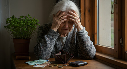 Distressed Elderly Woman Sitting Near Window With Euro Bills Coins and Empty Wallet Depicting Financial Struggles in Dark Room