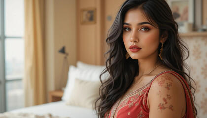 Serene Glance: An Indian woman with dark hair and a red dress exudes quiet confidence, her beauty amplified by soft light and a cozy room.