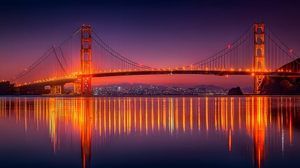 Fototapeta premium Stunning Sunset View of Iconic Bridge Reflecting on Calm Water in Vibrant Color Palette