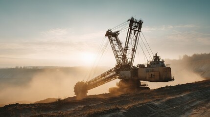 Fototapeta premium Massive mining excavator at sunrise on a dusty quarry.