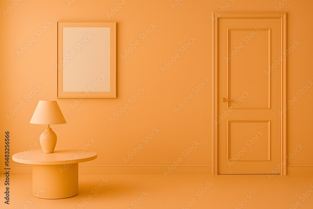 Poster minimalist interior design with orange color scheme and lamp