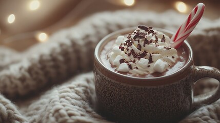 A mug of hot chocolate topped with whipped cream, marshmallows, and chocolate shavings with a candy cane