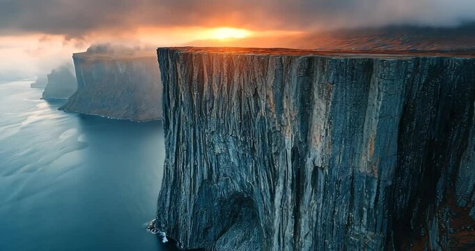 A majestic cliff rises from the sea, bathed in the golden light of the setting sun.