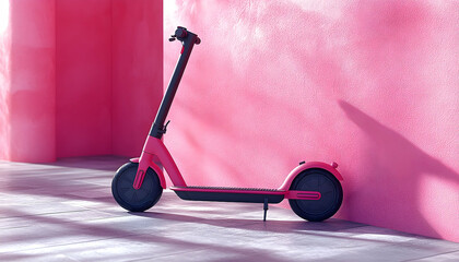 Pink scooter against a pink wall casts a shadow, minimalist design, modern and sleek for city travel and eco-friendly commuting