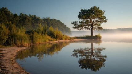 Obraz premium Peaceful lake with fog and tree reflection