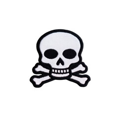Skull and crossbones patch with white skull and black outline, symbolizing danger or piracy. design is simple and bold, often used for decoration or warning