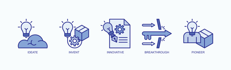 Innovation And Vision Icon Set Isolated Vector With Icon Of Ideate, Invent, Innovative, Breakthrough, Pioneer In Blue Style