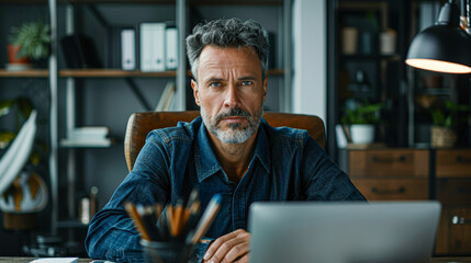 Fototapeta premium A man sits at a desk with a laptop in front of him