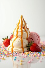 Delicious Ice Cream Dessert with Caramel Strawberries and Sprinkles
