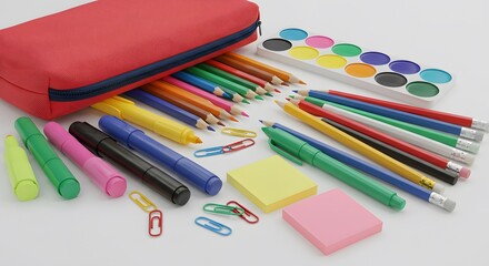 Fototapeta premium Set of colorful school supplies with pencil case on white background