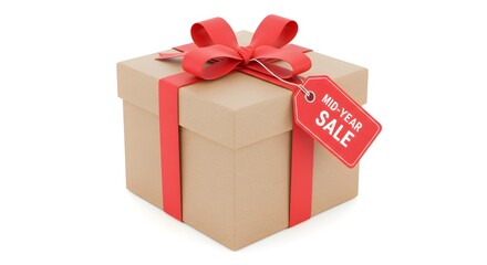 Obraz premium Gift box with sale tag and ribbon isolated on white background, mid-year sale and promotion
