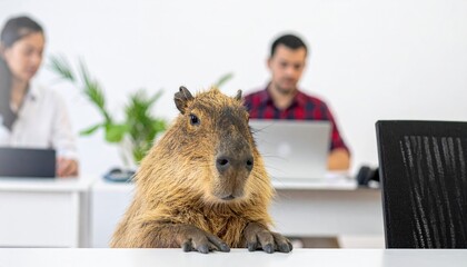 Capybara at Work A Relaxed Rodent in a Modern Office Setting