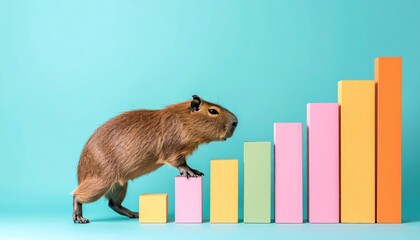 Fototapeta premium Capybara Climbing Colorful Bar Graph Representing Growth and Success