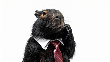 Fototapeta premium Business Capybara A Furry Executive on a Phone Call Dressed in a Formal Shirt and Tie