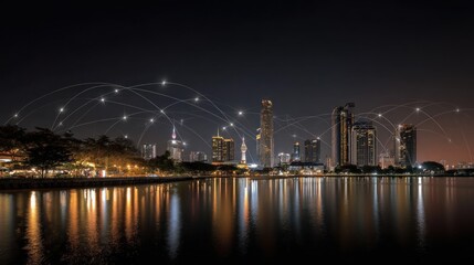 Obraz premium Connected city skyline at night