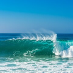 Fototapeta premium Ocean Wave Crashing on Shore Under Blue Sky