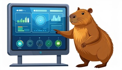 Capybara Using a Modern Computer Screen Displaying Data Analytics Charts