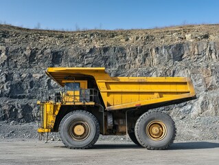 Large yellow mining truck parked beside quarry walls.