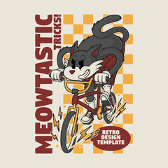 Fototapeta premium retro cartoon emblem of cat riding bmx bike
