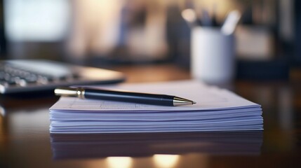 Office documents and pen on a desk